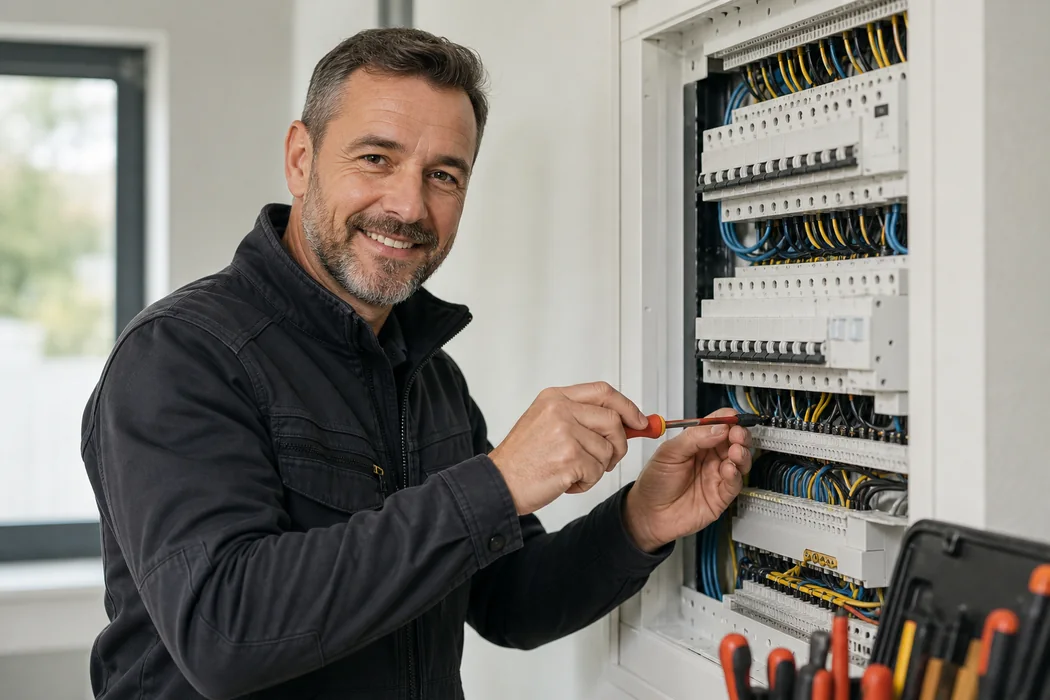 Herr Engel arbeitet am Sicherungskasten